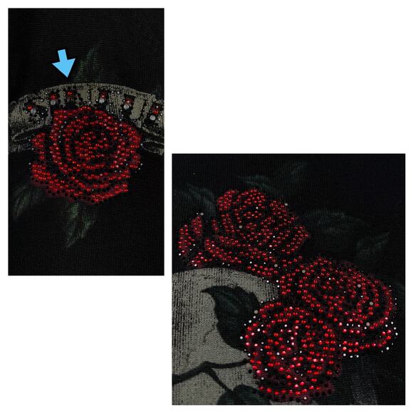 Y2K Sinful Rhinestone Black Ribbed Hooded Sweater Dress Goth Skull Roses Medium - Picture 14 of 16